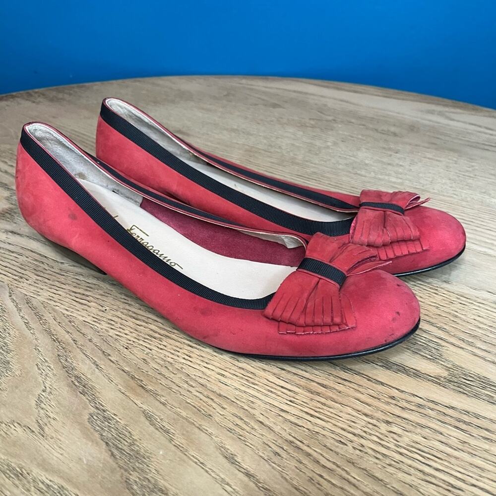 Salvatore Ferragamo Red Suede Bow Ballet Pumps Block Kitten Heel Women’s Size 8